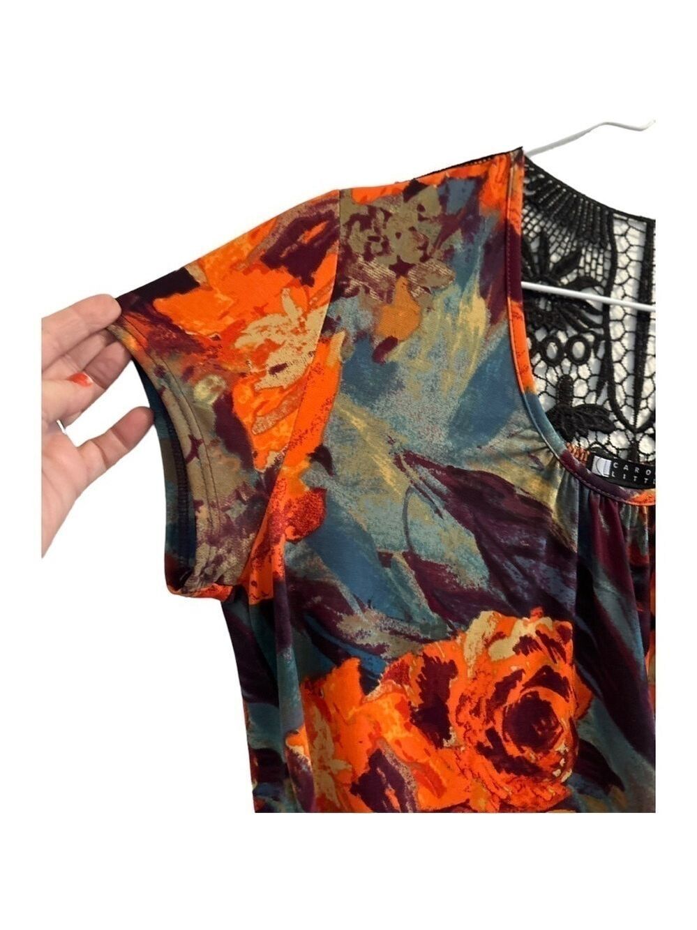 Fall Festival Whimsgoth Blouse Orange & Black Lace Sheer Back Womens Medium - Picture 12 of 13